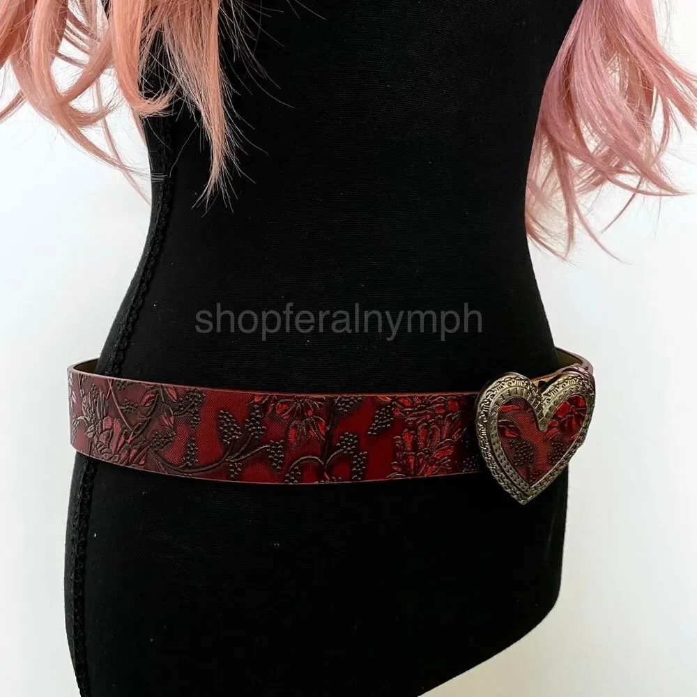 Red Floral Embossed Heart Buckle Western Y2K Belt, Fits 33-43 Inches, X7GA1288